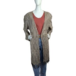 Vintage Whimsigoth Gold Metallic Knit Duster Cardigan | Fringe Hem | Size XL